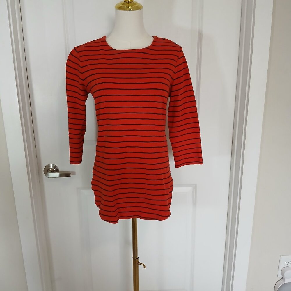 Merona Tunic Top Women’s Size XS Red Navy Striped 3/4 Sleeve Back Zip Stretch